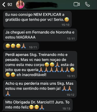 Conversa de WhatsApp com paciente relatando o resultado do tratamento, publicada com autorização (5 de 10)